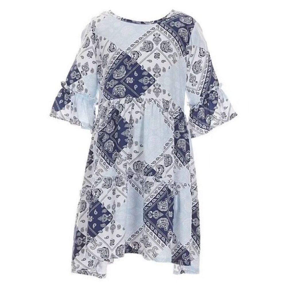 Wrangler Girl's Large Short Sleeve Babydoll Bandana Print Dress Blue